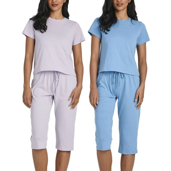 Real Essentials 2 Pack: Women's Cotton Pajamas Short Sleeve Tops and Capri Pants Pajama Sets with Pockets (Available In Plus)