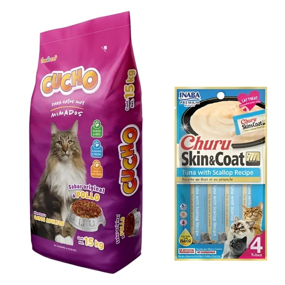 Cucho 15 Kg + Churu Skin&Coat Atún y Vieira Snack 4 tubos de 14g