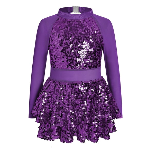 IBTOM CASTLE Girls Sparkle Sequins Dance Outfit Kids Latin Hip Hop Jazz Dancewear Mesh Long Sleeve Glitter Dress with Shorts Set 6-7 Years Purple