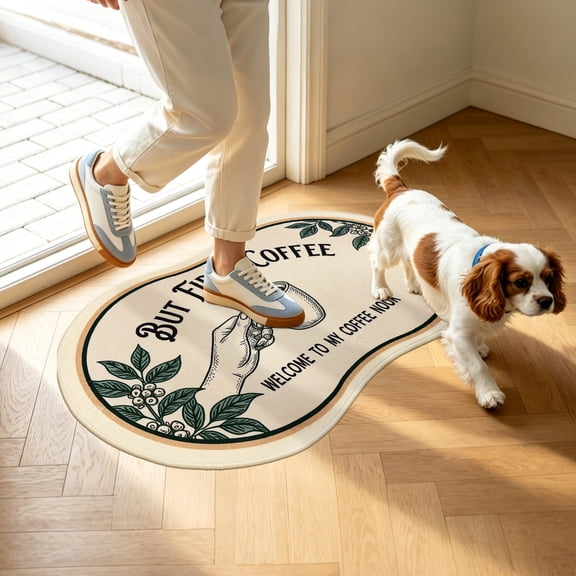 Coffee Kitchen Rug, 20" x 31" Deep Grey Washable Low Pile Floor Mat, TPR Non‑Slip Backing for Coffee Bar, Entryway & Office