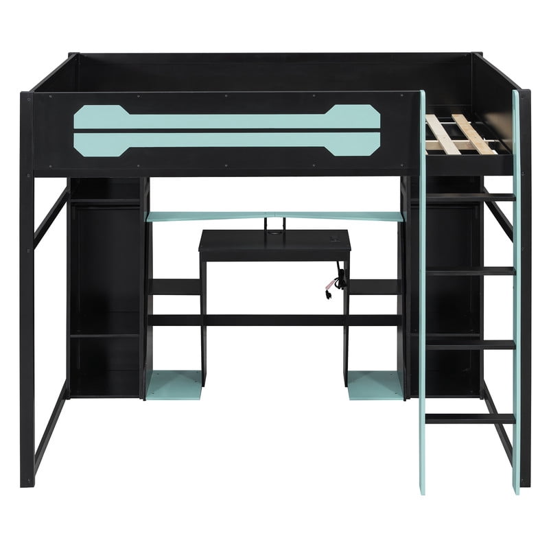 Full Size Wooden E-Sport Loft Bed with Desk, LED Lights & Charge Station, Storage Bed Frame with Built-in Wardrobe & Cabinets