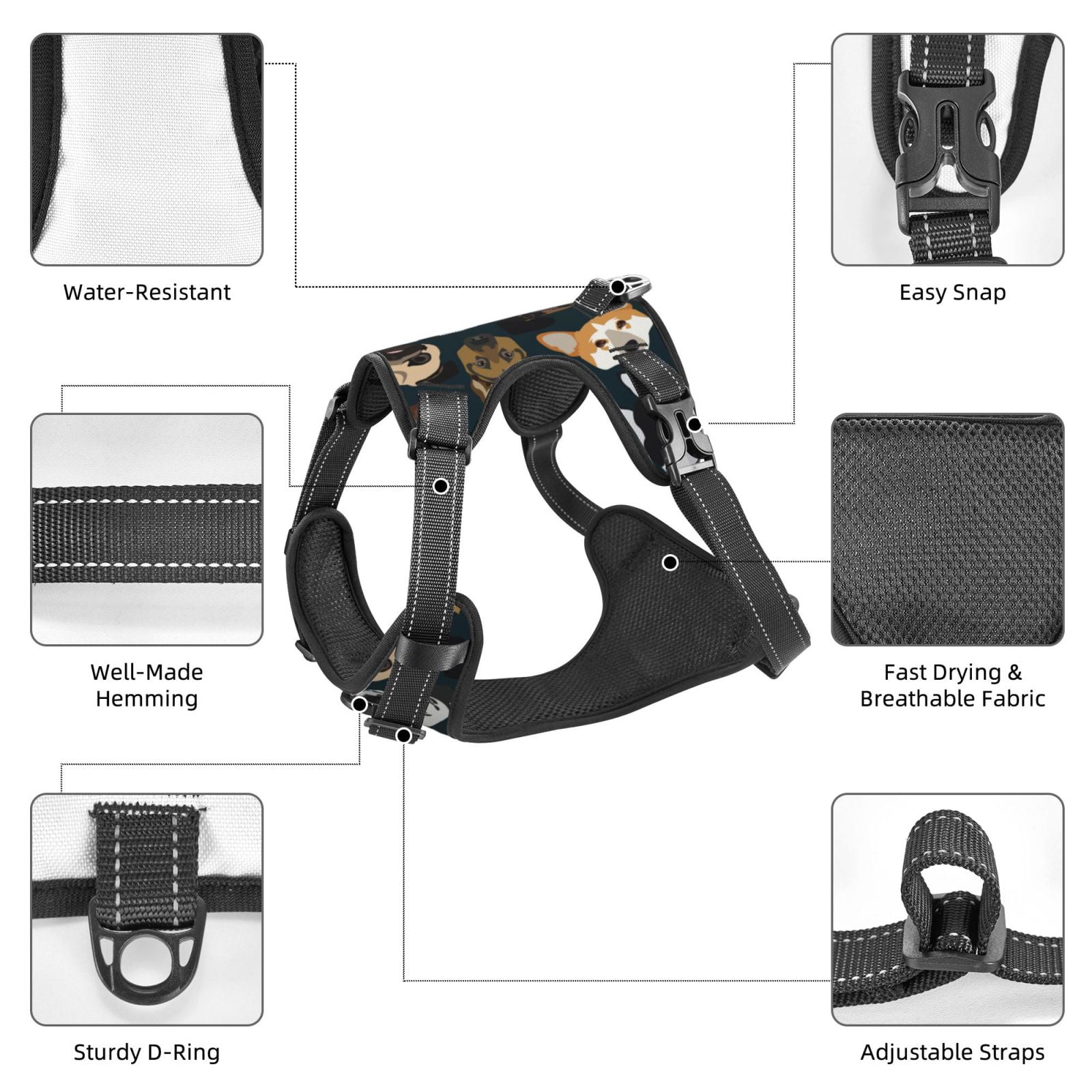 Vsdgher Dogs Pattern Dog Harness,No Pull Pet Harness with Soft Padded Handle,Adjustable Reflective Vest with 2 Buckles,4 Slide Buckles,S-XL X-Large