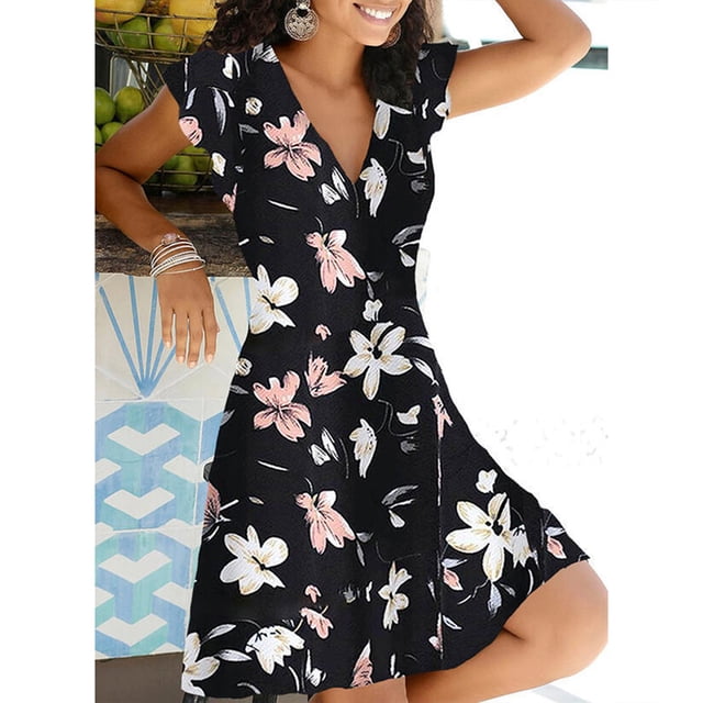 Tralilbee Nouvelle Robe de Soirée Bohème Rétro Sans Manches Grande Taille à Col en V, Mini-Robe Débardeur à Fleurs, Coupe Ample Évasée
