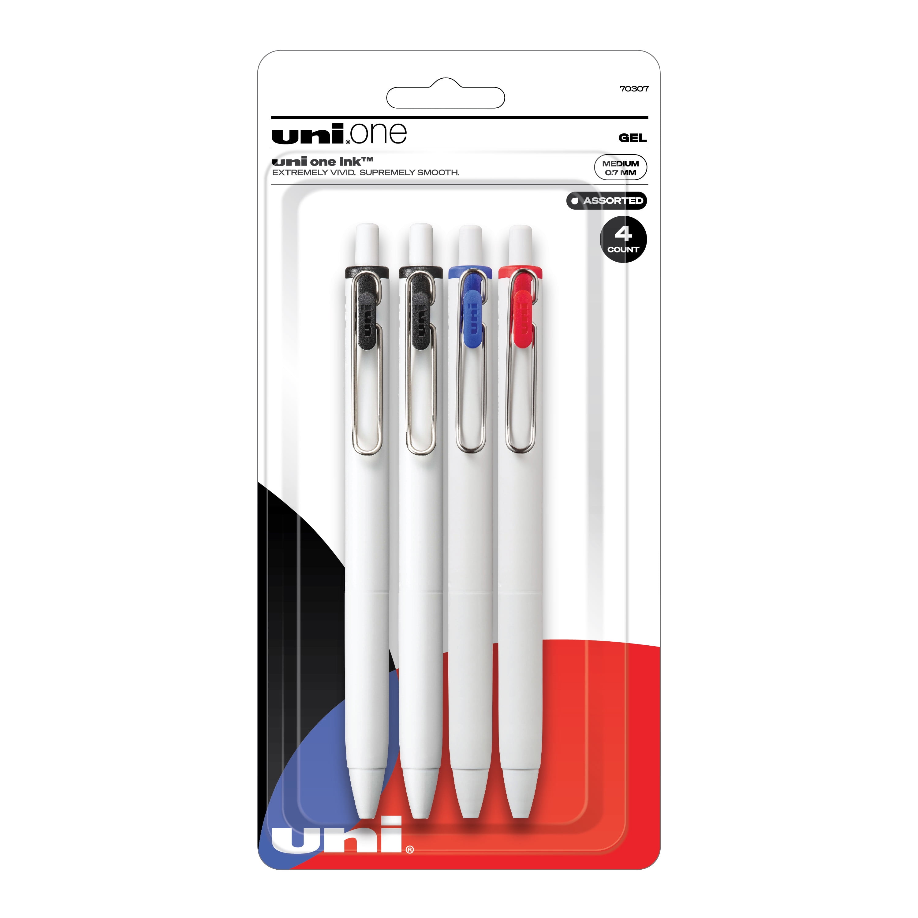 uniball One Retractable Gel Pen, Medium Point, 0.7 mm, Assorted Ink, 4 Count