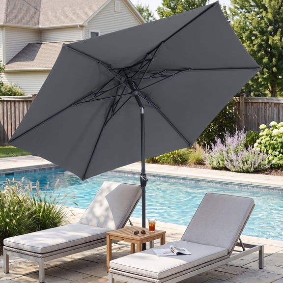 Autlaycil 10ft Gray Outdoor Patio Umbrella with 3 Tiers Frame Octopus-arm Structure, Push Button Tilt, Crank
