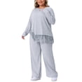 thumbnail image 4 of Conjuntos de 2 piezas para mujer de tallas grandes Agnes Orinda, blusa de manga larga de punto acanalado con cuello redondo y dobladillo asimétrico con flecos, y pantalones de pierna ancha 3X en gris, 4 of 6