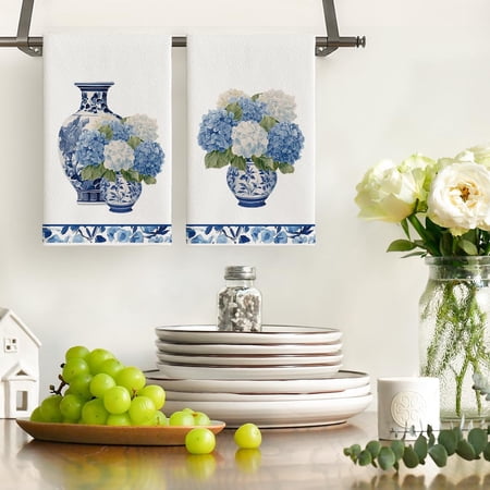 MHAWBL-Beige Hydrangea Vase Lace Spring Kitchen Towels Dish Towels 18x26 Inch Farmhouse Summer Decoration Cleaning Set of 2