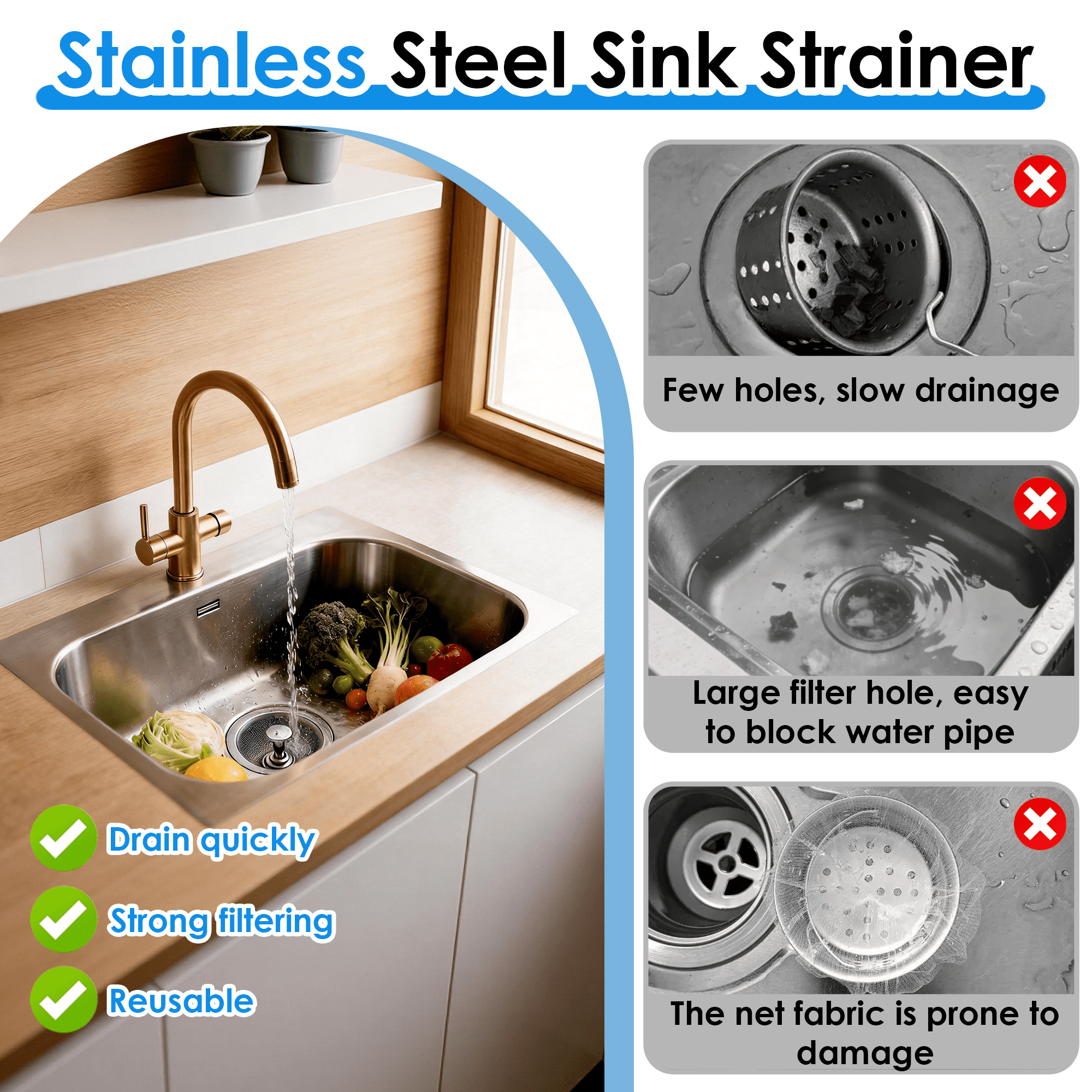3 Pack Stainless Steel Sink Strainer with Stopper, Fine Mesh Kitchen Sink Drain Filter, Multi-Function Sink Drain Basket for Standard Kitchen Sink