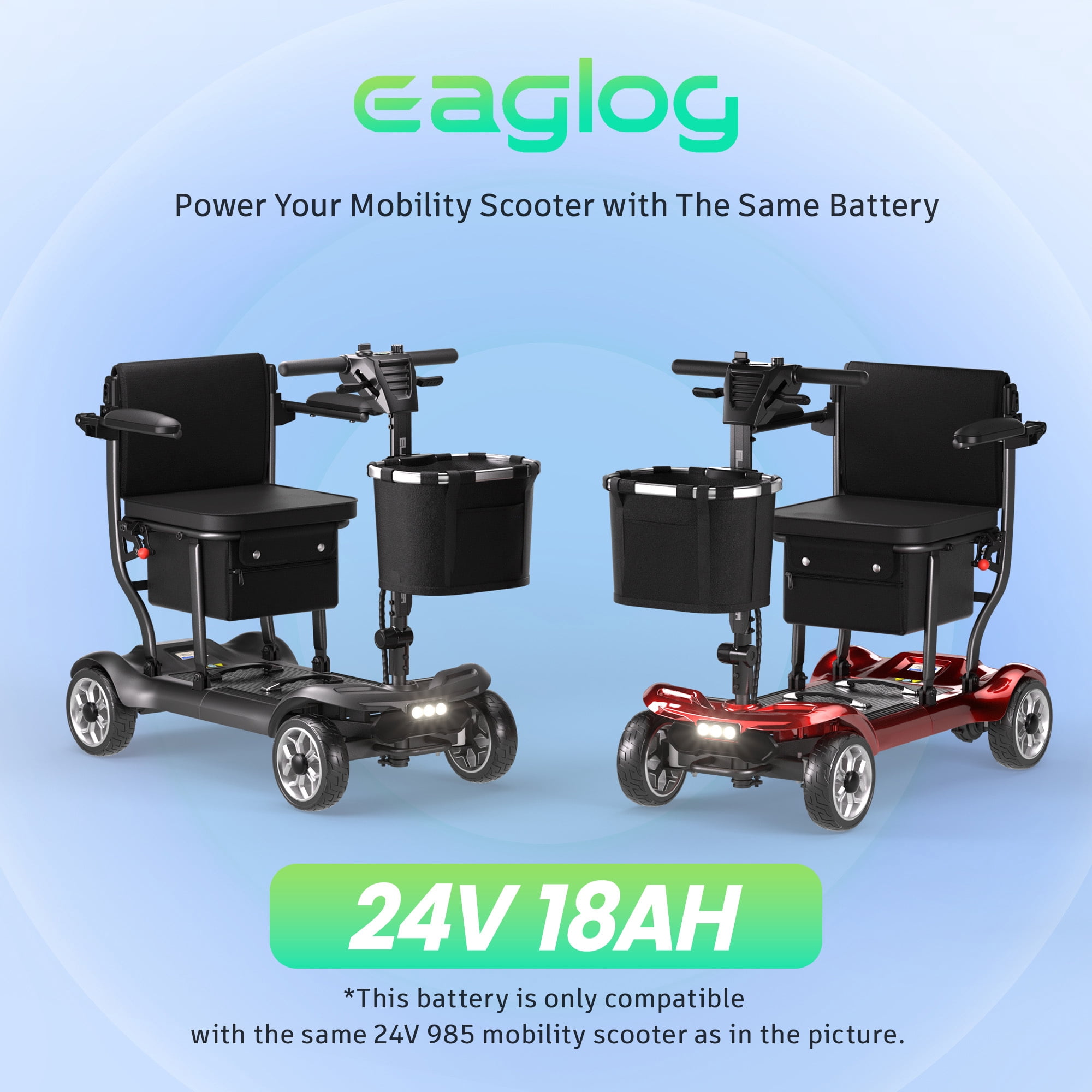EAGLOG 24V 18AH Replacement Lithium Battery for YL-985 Mobility Scooters, 18 Miles Range, Black