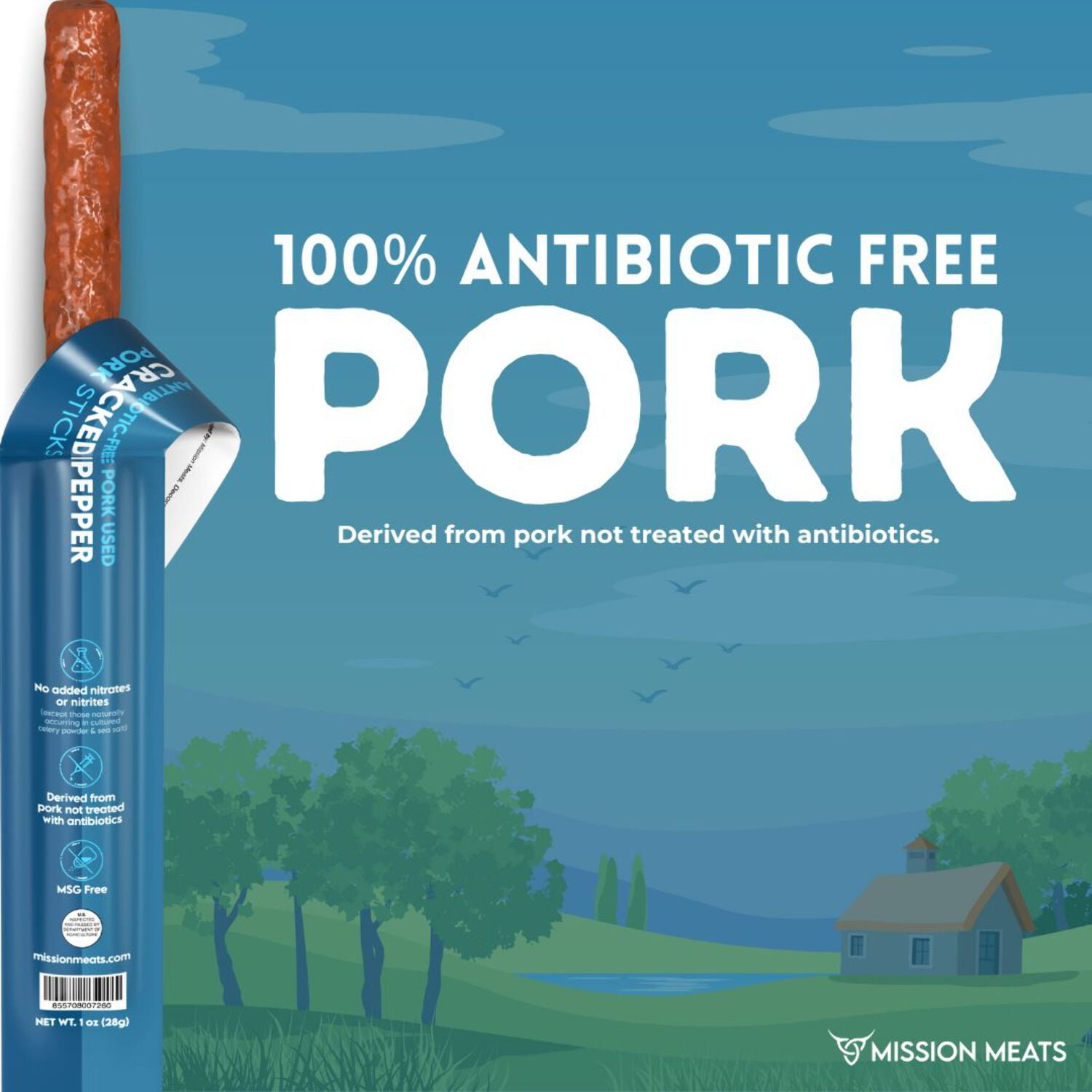 Mission Meats Cracked Pepper Pork Meat Sticks – Healthy Snacks for Kids & Adults, Sugar Free, AIP Friendly, Paleo, Whole 30, 1oz (Pack of 12)