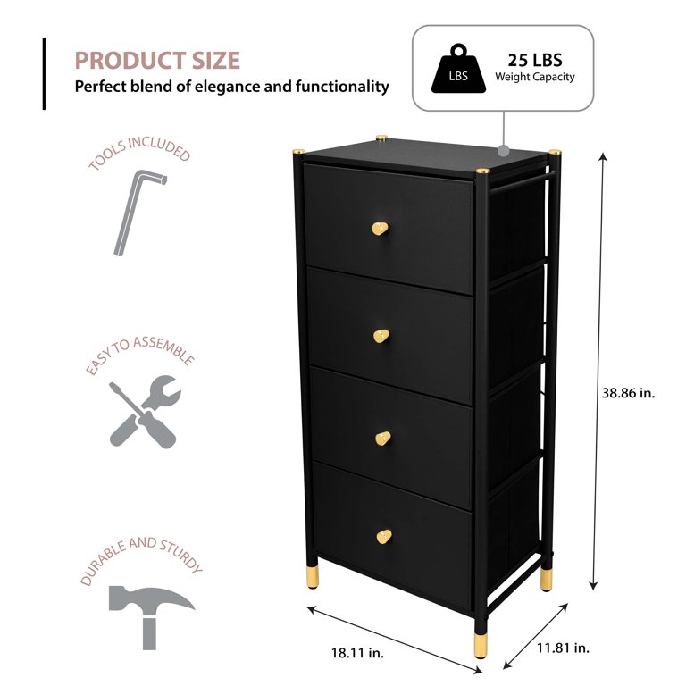 Simplify Adult 4 Drawer Luxury Dresser, Black, Durable Steel