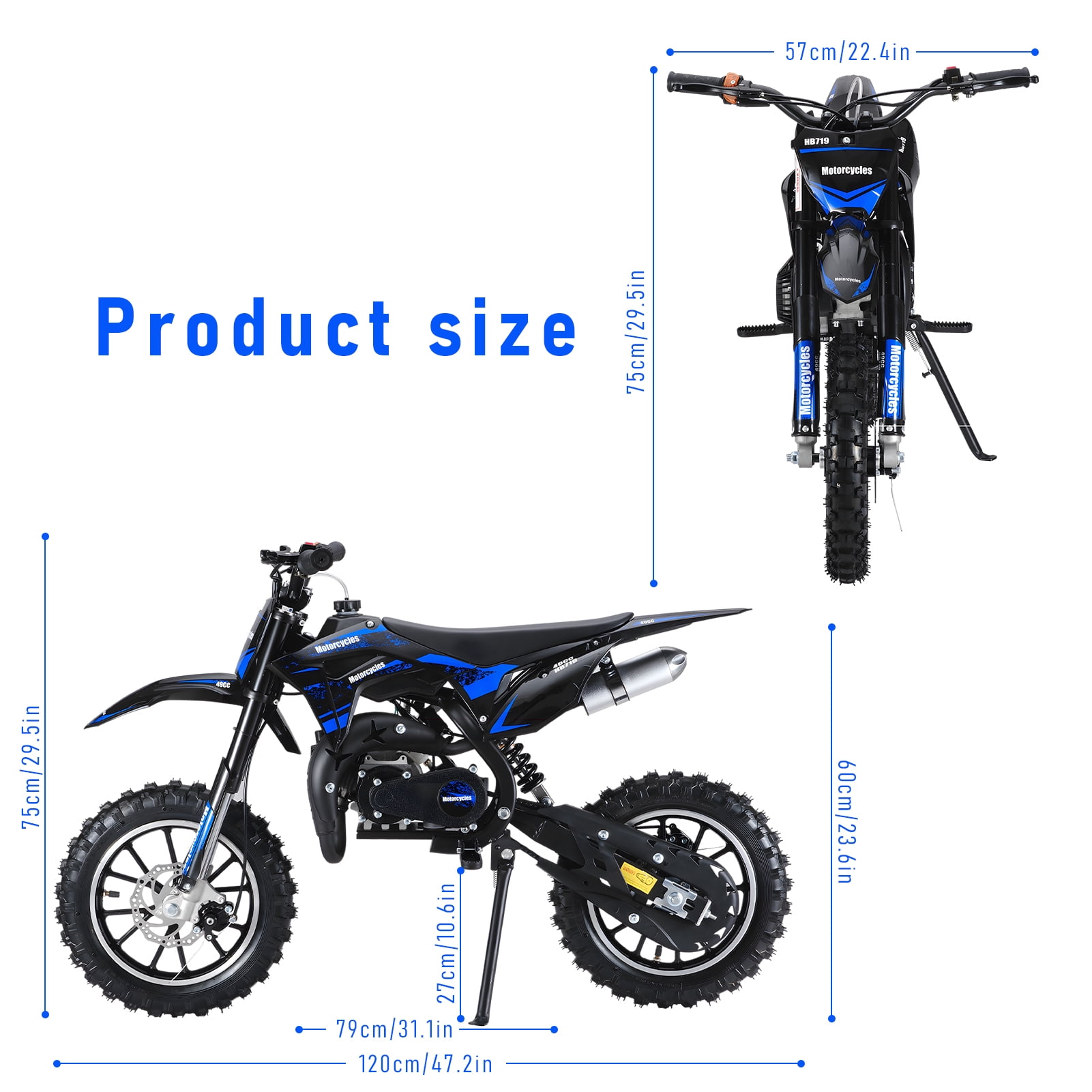 Fompes Mini Gas Bike, Off-Road Dirt Bike, Gas Powered 2-Stroke Pocket Bike with Front Rear Disc Brakes, Shock Absorption, Easy Pull Start, Speed Up to 25 Mph, Blue