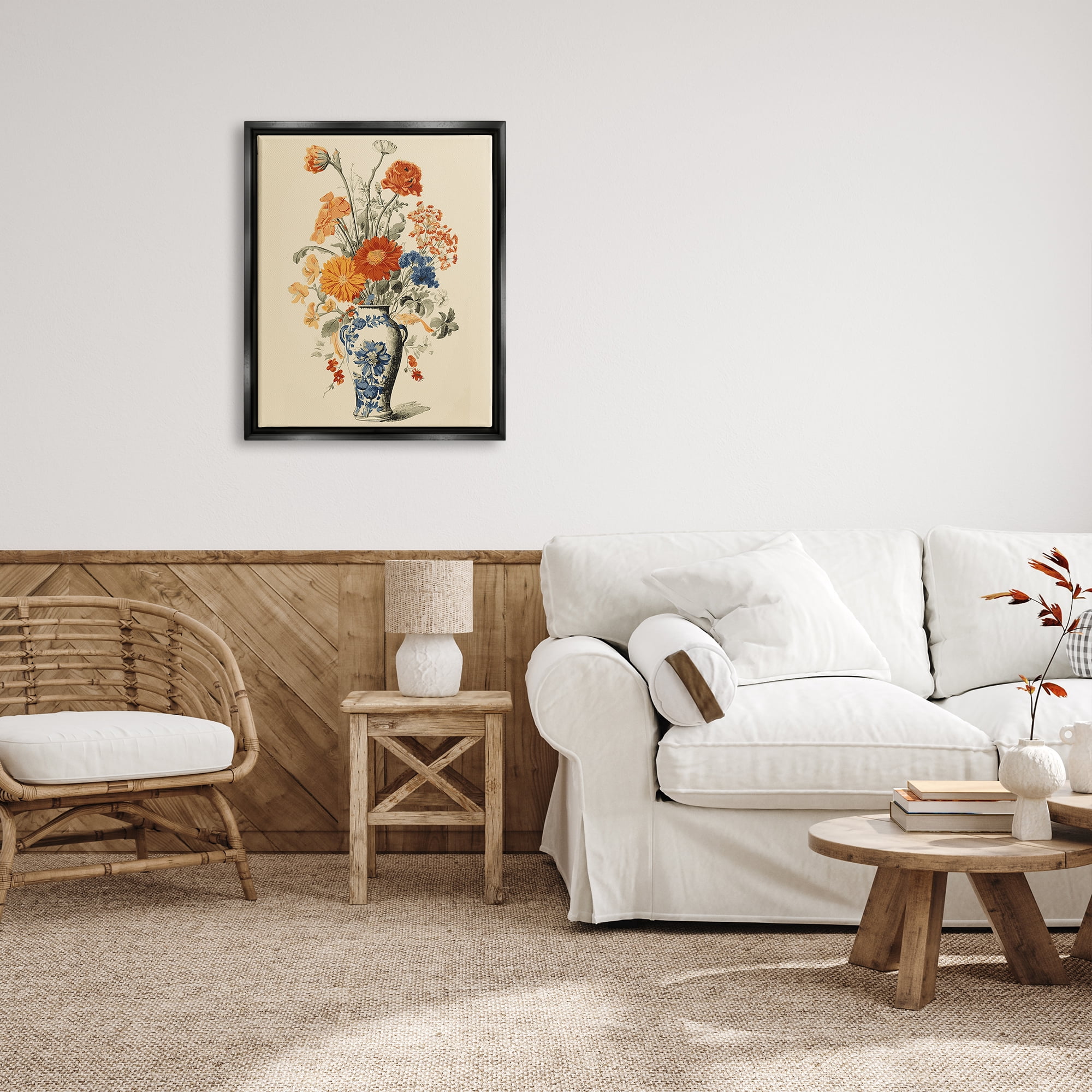 Stupell Industries Ornate Pottery Bouquet Botanical & Floral Painting Black Floater Framed Canvas Art Print Wall Art, 25 x 31