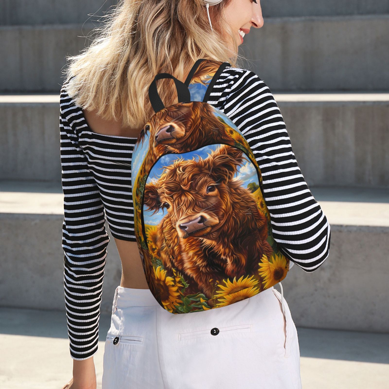 Picia Cloud Sky Sunflower Cow Printed Canvas Daypack - Stylish and Durable Vintage Compact Backpack - Class, Work, Travel, or Laptop Bookbag,Organized Compartments-Small
