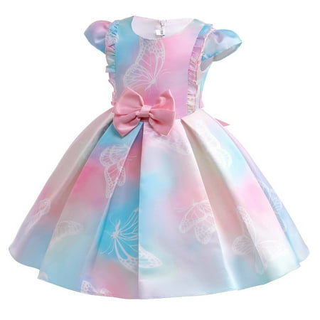 

Summer Savings Clearance! PEZHADA Dresses for Baby Girls Girls Cute Bowknot Printing Birthday Party Gown Long Princess Dresses Blue