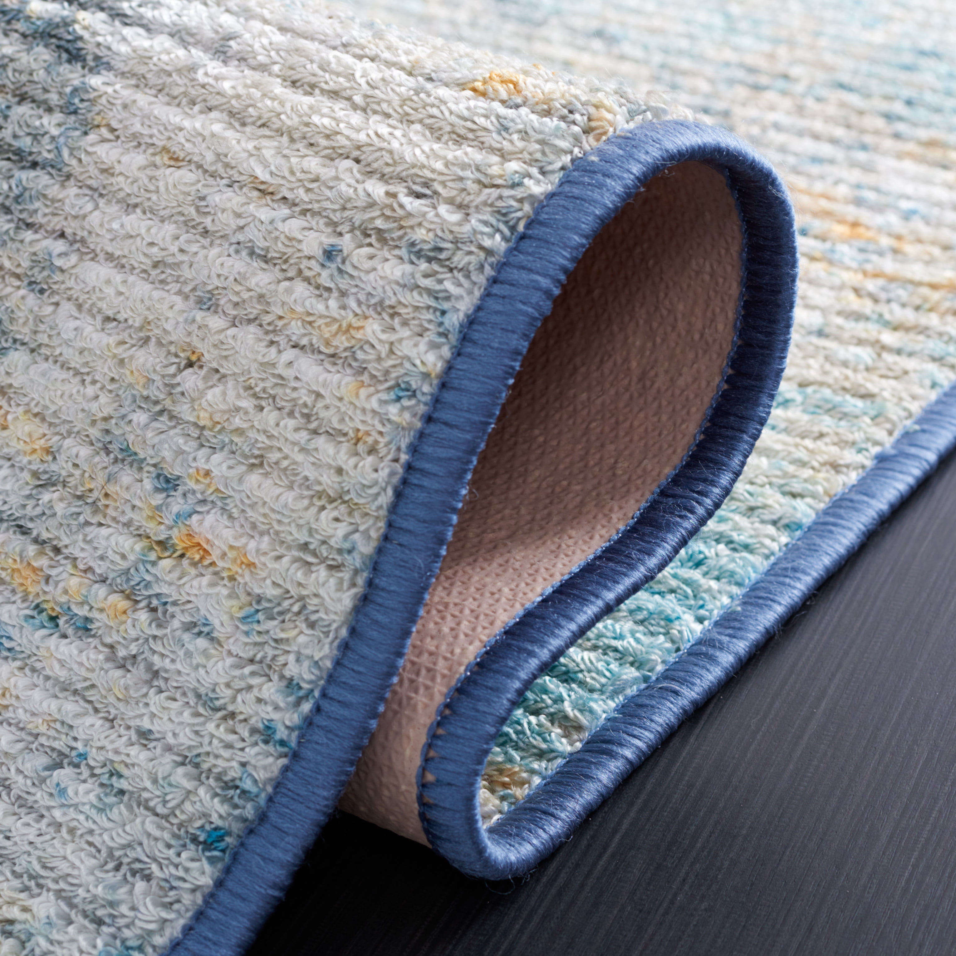 SAFAVIEH Sequoia Utica Abstract Polyester Machine Washable Area Rug, Ivory Blue/Gold, 5'5" x 7'6"