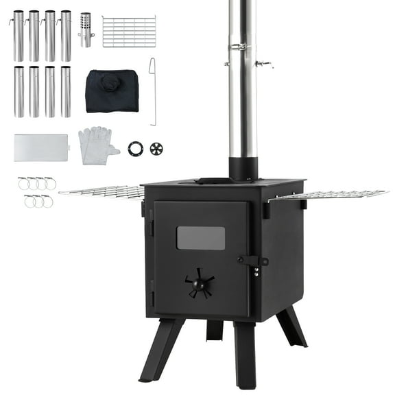KFFKFF Alloy Steel Wood Stove, 86 inch, for Camping Tents, Includes Chimney Pipes & Gloves, 1400in³ Firebox, Portable for Outdoor Cooking & Heating, Comes with 8 Pipes