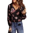 thumbnail image 4 of ABPHQTO Blusa de mujer con cuello en V y estampado floral negro con mangas abullonadas, 4 of 5