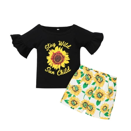 

Fesfesfes Toddler Kids Baby Girls Summer Fashion Letter Tops+Sunflowers Shorts Outfits Set