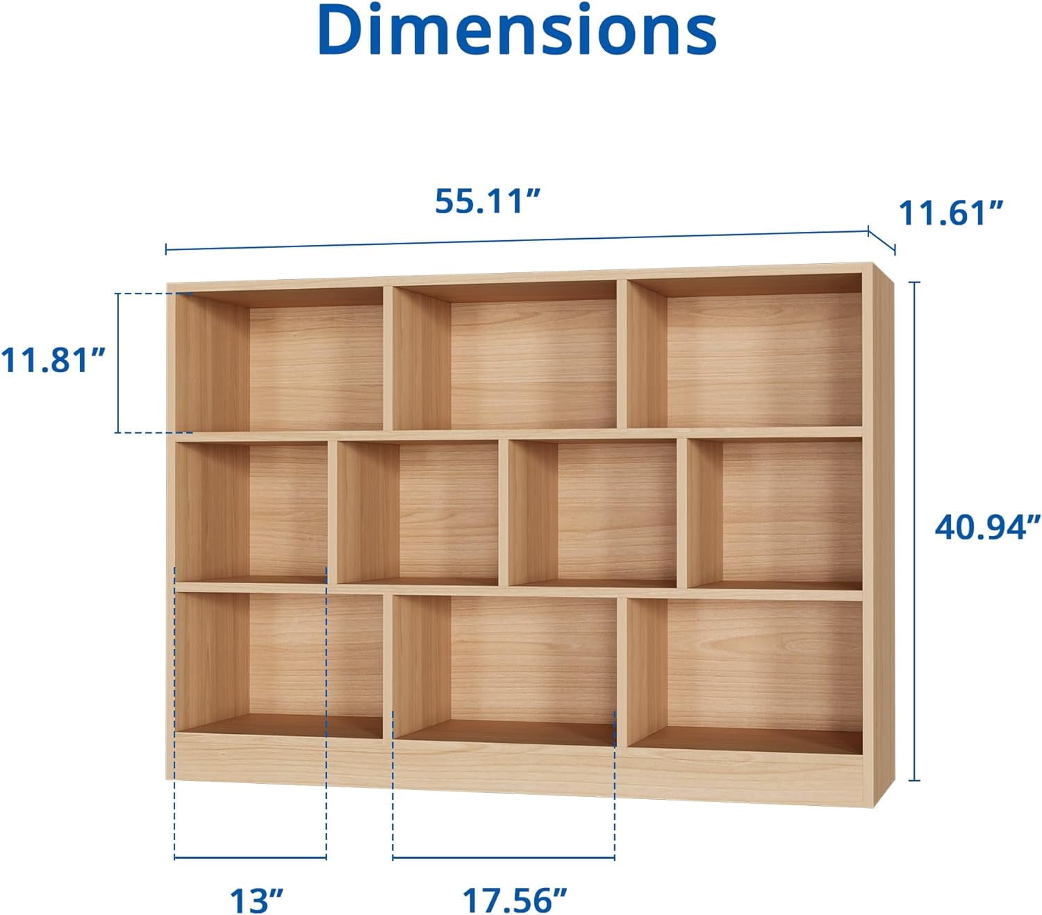 Cozy Castle Wood Bookshelf, 3-Tier Open Shelf Bookcase, 10 Cube Storage Organizer with Anti-Tilt Device for Bedroom, Living Room, 55.12" W x 11.6" D x 40.95" H, Oak