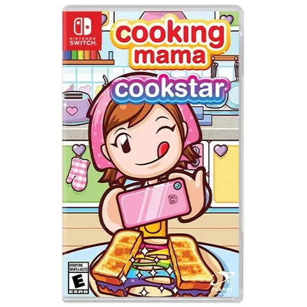 Cooking Mama Cookstar (Nintendo Switch) game case featuring a colourful illustration of the Cooking Mama character holding a smartphone and winking, with a kitchen background and grilled sandwiches in the foreground. Rated E for Everyone by ESRB. Published by GS2 Games in 2020.