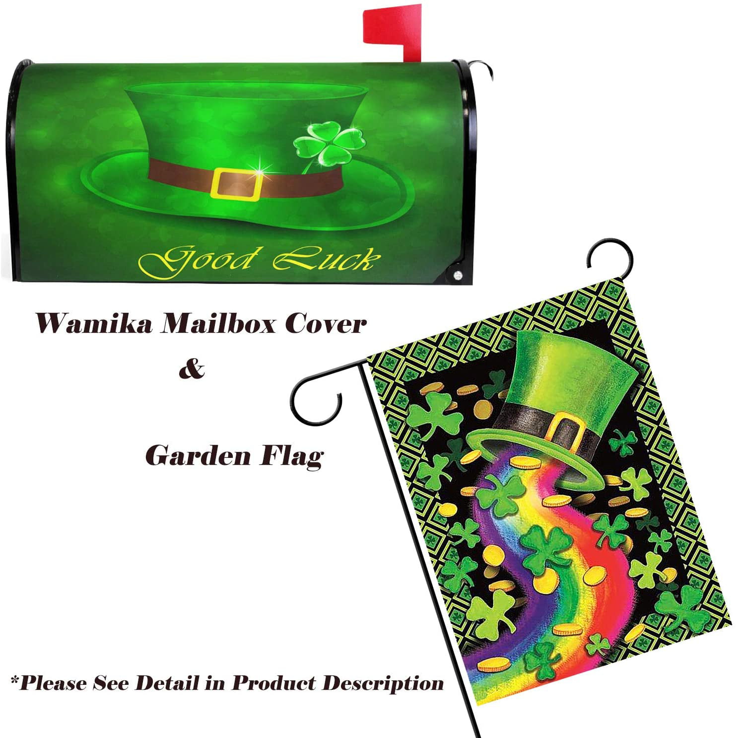 Wamika Happy St Patrick's Day Green Shamrock Mailbox Cover Standard Size Lucky Clovers Ireland Rainbow Magnetic Mailbox Covers Garden Yard Post Wraps Letter Box Cover Decorations 21 L x 18 W 