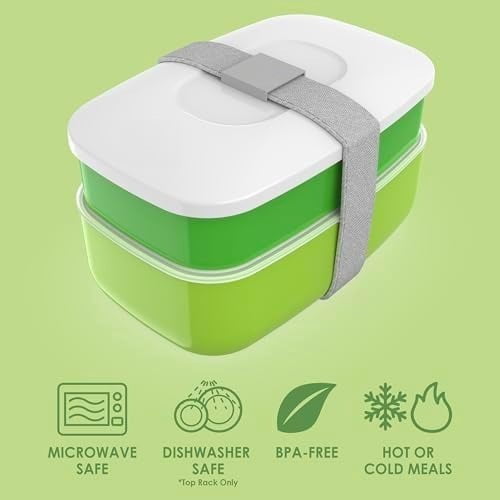 Classic - Adult Bento Box, Stackable 3-Compartment Lunch Box with Removable Utensil Set and Sealing Strap, BPA-Free, Food Container Ideal for Meal Prep, Work, and On the Go (Green)