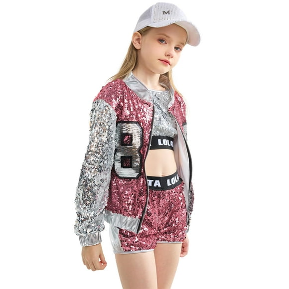 LOLANTA Costume de Danse à Paillettes pour Filles Ensemble 4 Pcs Tenues de Danse Hip-Hop Jazz Moderne pour Enfants (Rose, 8-10)
