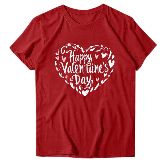 qucoqpe Valentine's Day Tops for Women Fashion Love Heart Printed Crew Neck Short Sleeve Casual Loose Blouse T-Shirts