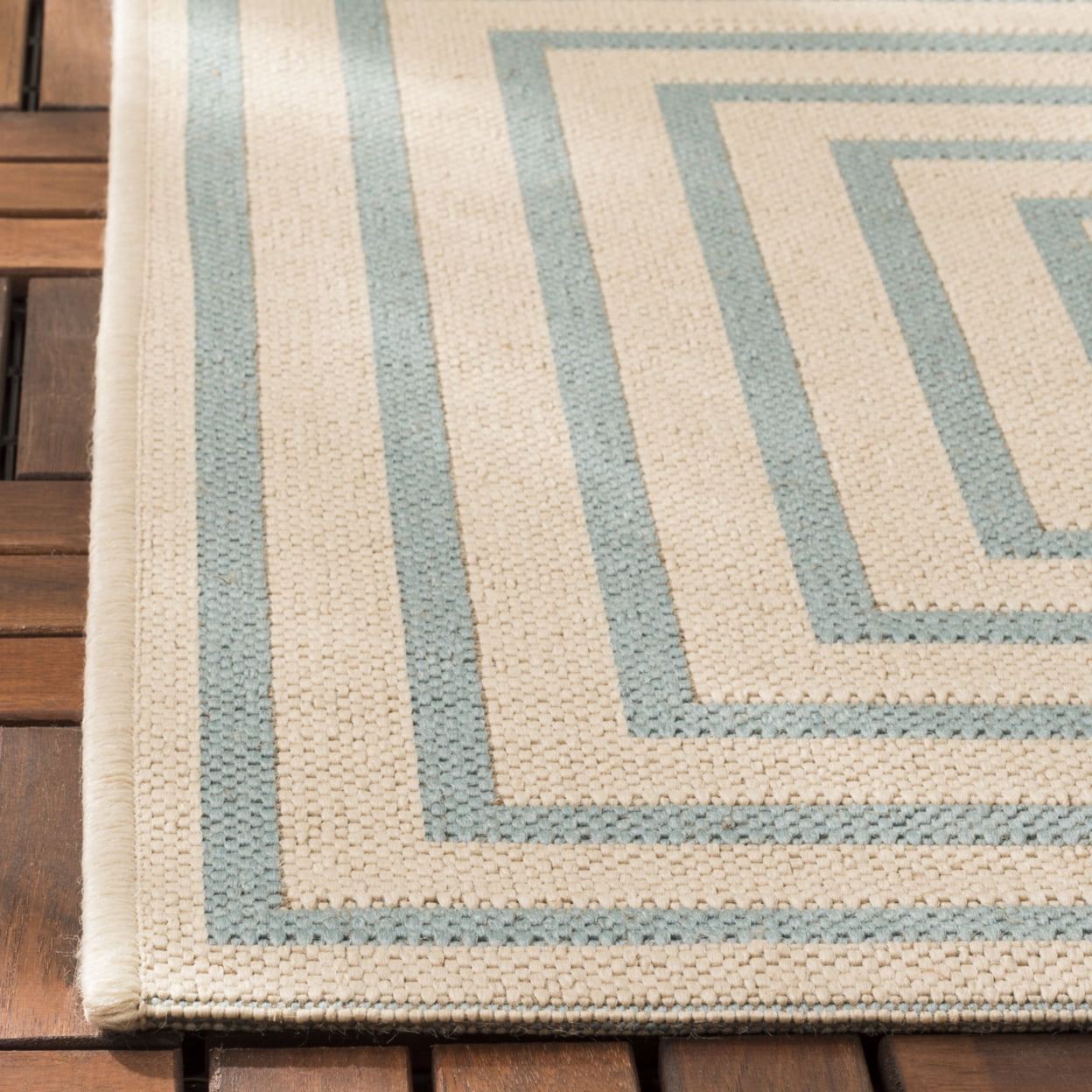 SAFAVIEH Beach House Arthur Geometric Indoor/Outdoor Runner Rug, Cream/Aqua, 2'2" x 8'