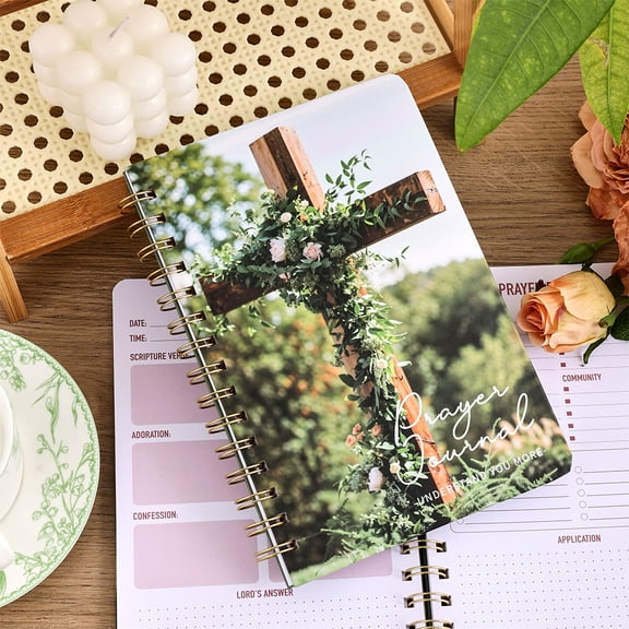 96 Pages A5 Vintage Cross Prayer Notebook - Green Hardcover Daily Devotional & Bible Study Journal with Guided Prayer Planner, Floral Cross Design, Durable Paper for Christian Spiritual Growth