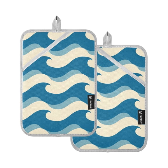Blue White Ocean Wave Lines Potholders Heat Resistant Pot Holder Set of 2 Oven Hot Pads with Pocket