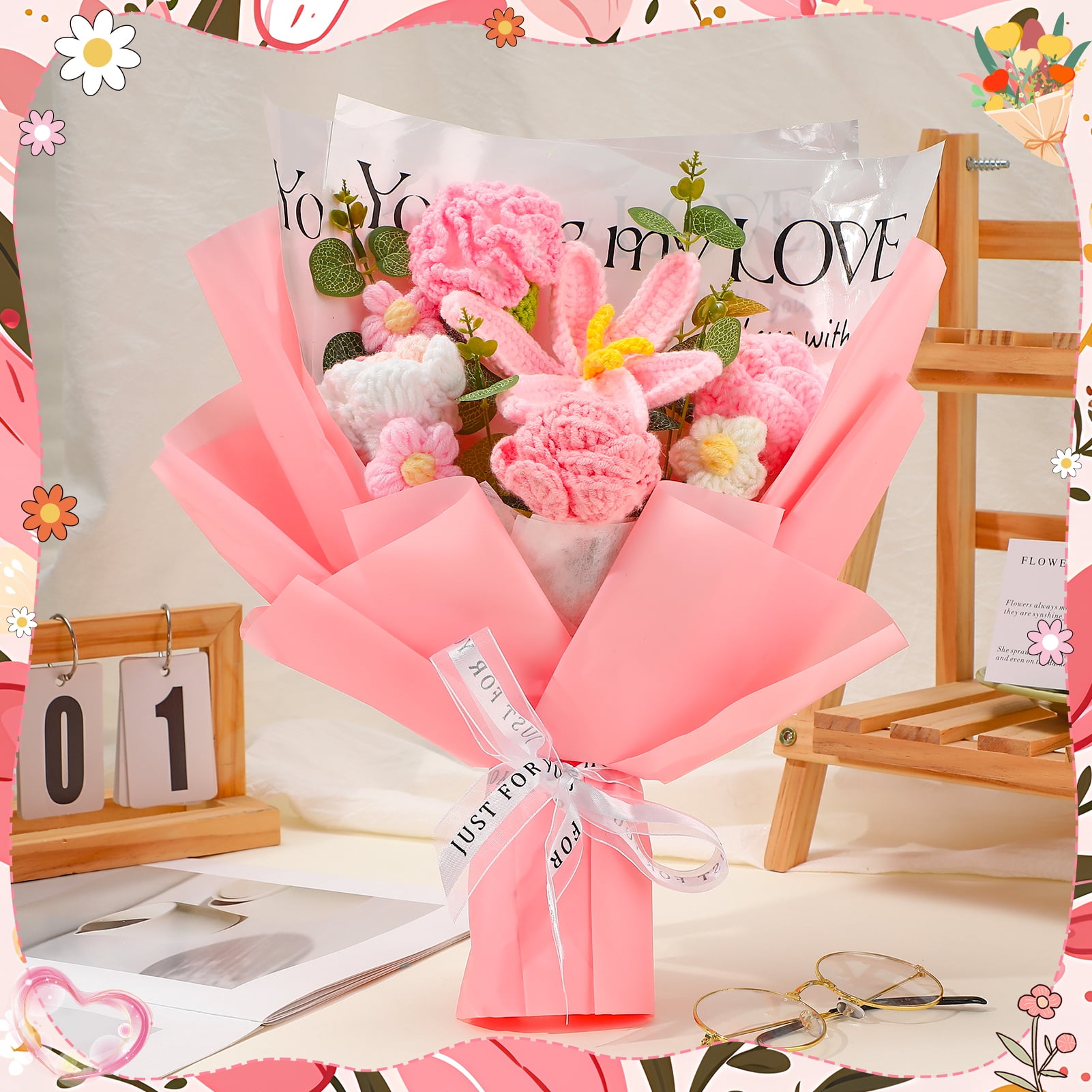 Armscye Pink Crochet Flower Bouquet, Handmade Knitted Flowers with Card, You Are My Love Bouquet, End of Year Graduation Thank You Gift for Teacher, Her, Friend, Farewell Arrangement