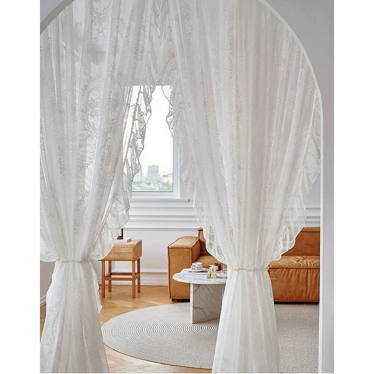 Floral White Sheer Lace Curtains for Living Room Shabby Chic Lace Panel  Curtains Rod Pocket Short Sheer Curtains 