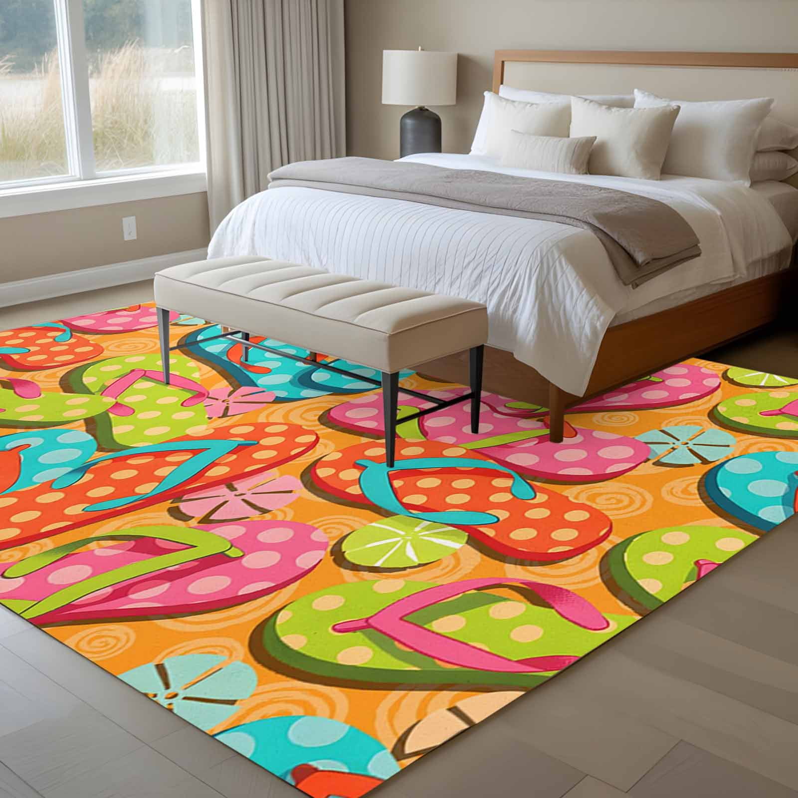 Watercolor Flip Flop Area Rugs 5'x7', Washable Small Throw Rugs for Laundry Room Playroom, Summer Coastal Beach Slippers Indoor Outdoor Rug Non-Slip Low Pile Carpet Runner Reversible Floor Mats