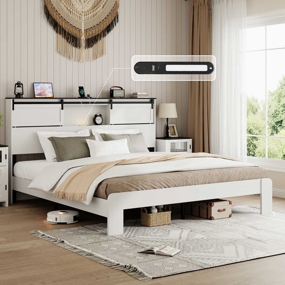 Queen Size Bed Frame with with Storage Bookcase Headboard, Farmhouse Wood Platform Bed Frame with Sliding Barn Door, Rustic Wooden Queen Bed Frame with Charging Station,Platform Bed Frame, White