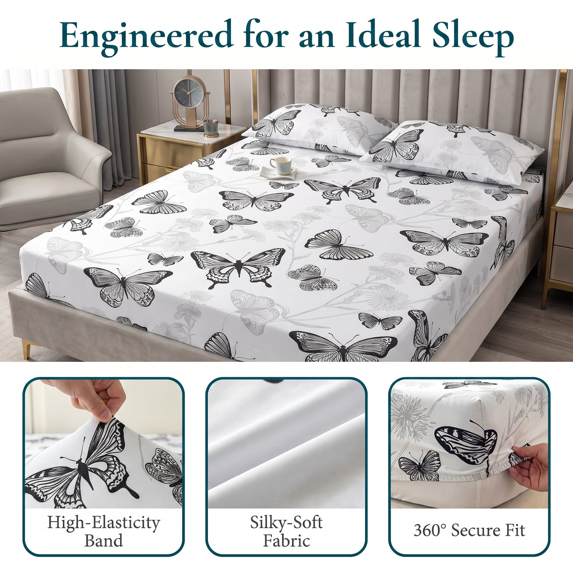 Unique Bargains Fitted Sheet Butterfly Pattern Microfiber Bed Sheets White 60.2"x79.9"