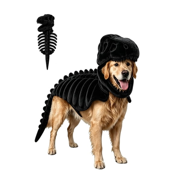 Pet Dinosaur Costume, Plush T-Rex Skeleton Halloween Outfit for Dogs & Cats, Glow-in-the-Dark Dino Cosplay Clothes for Medium & Large Pets