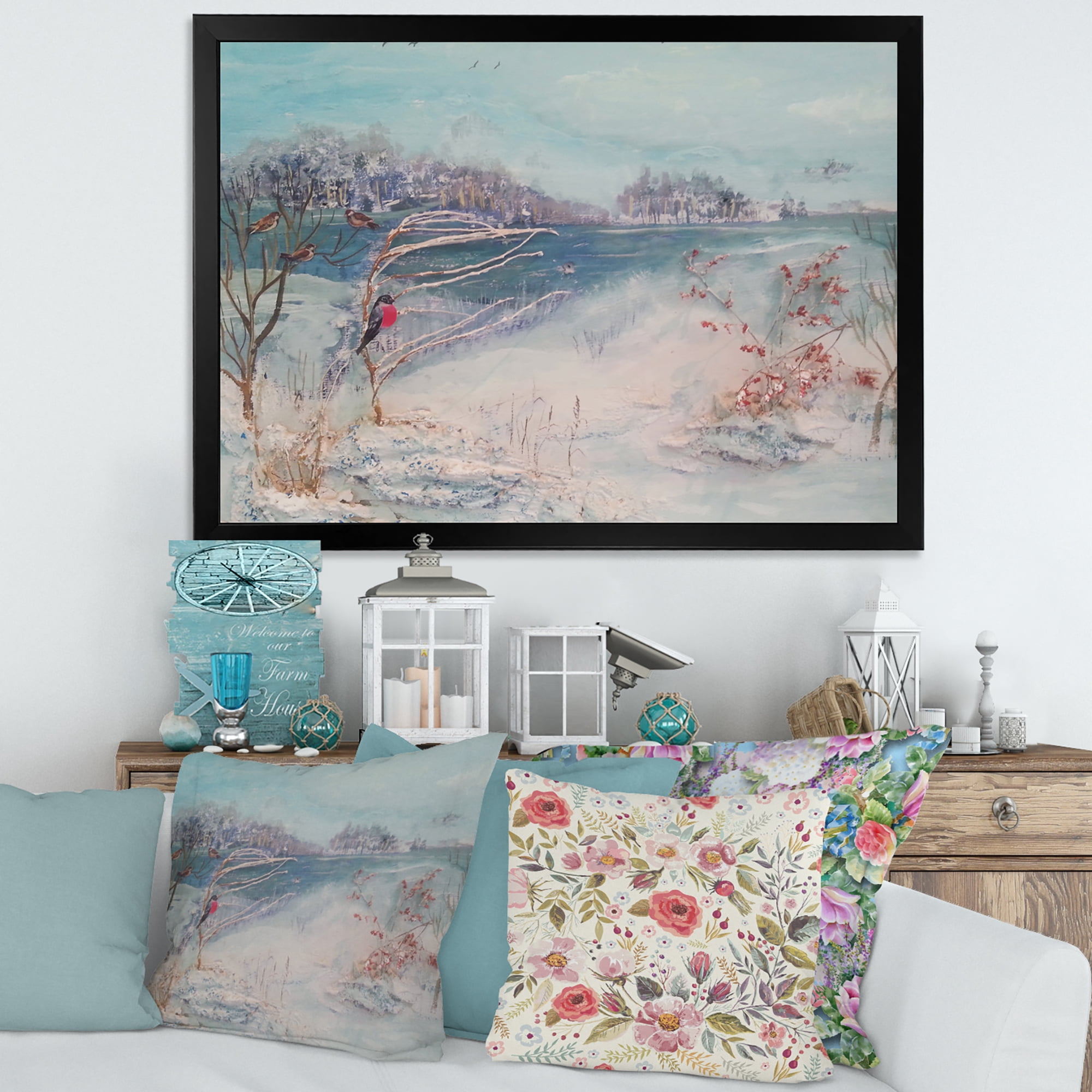 Designart 'Birds and Winter Trees By River' Lake House Framed Art Print