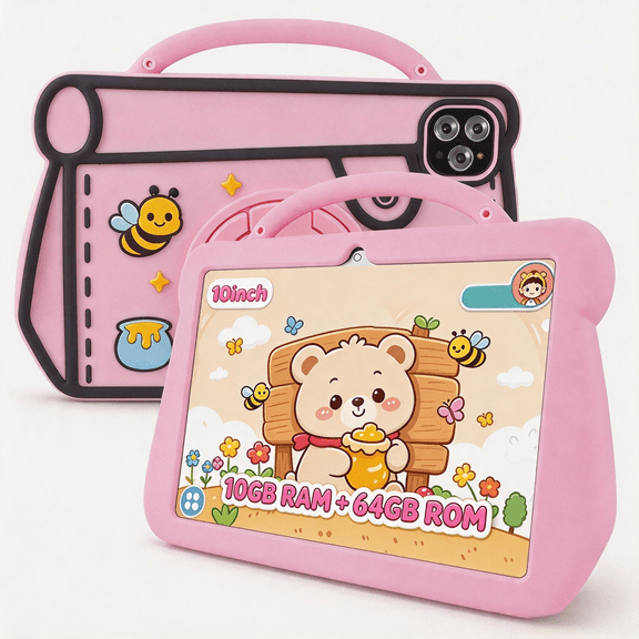Kids Tablet, 10.1 inch Android 14.0, Octa-core CPU, 10GB 64GB 1TB Expand, SIM, WiFi, 6000mAh Battery, Protective Case, Gift(Pink)