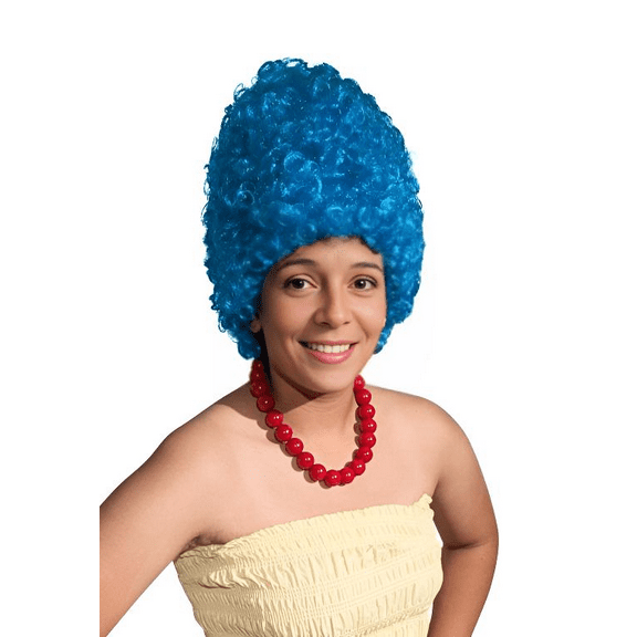Blue Beehive Troll Wig With Red Necklace – Tall Curly Costume Wig - Package Includes Red Bead Necklace and Blue Wig