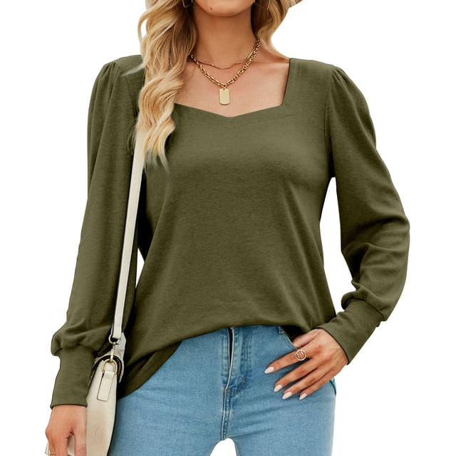 Blusa de punto con cuello cuadrado, mangas abullonadas y puños abotonados - Camisa informal de manga larga verde OD XXL