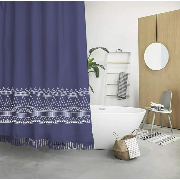 Tassel Fabric Shower Curtain Blue, Navy And White Shower Curtain With Tassels