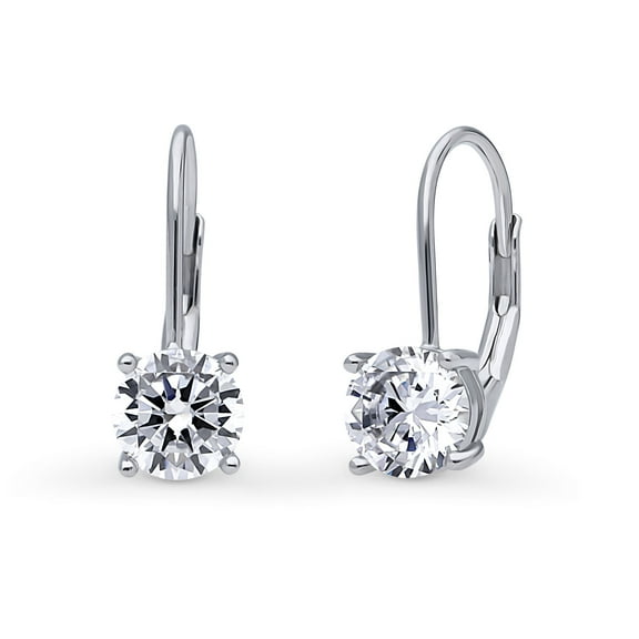 BERRICLE Sterling Silver Solitaire Round Cut Cubic Zirconia CZ Fashion Leverback Dangle Drop Earrings for Women, Rhodium Plated, 6mm