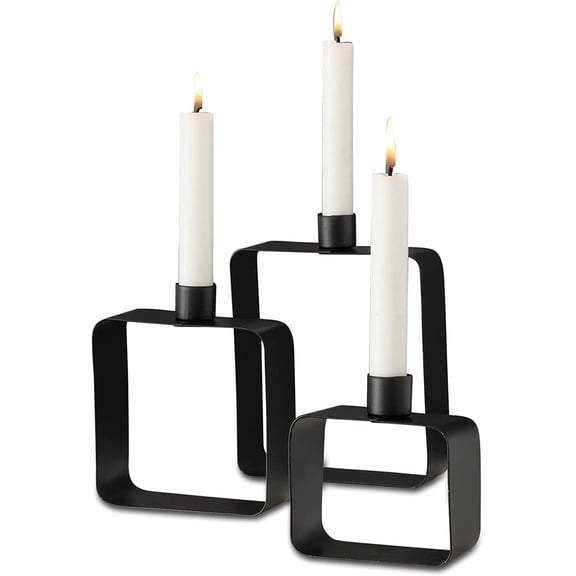 WHW Modernist Home Open Square Taper Candle Holders, Set of 3, Black, Iron