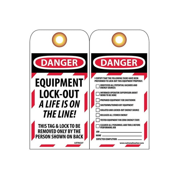 National Marker Lockout Tags; Lockout Danger Equipment Lock-Out. . . 6X3 Unrippable Vinyl LOTAG27