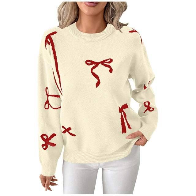 FRSASU Chandail d'Hiver pour Femmes à Manches Longues Col Rond en Tricot Grande Taille Mignon avec Nœud Haut Kaki G(L)