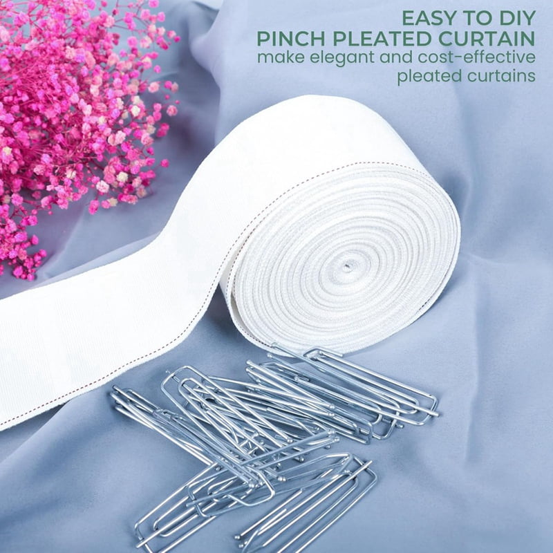 2X Curtain Pleat Tape, 10 Meters/11 Yards Pleater Tape for Curtains with 60 Pcs 4 Prongs Curtain Pleat Hooks for Drapes