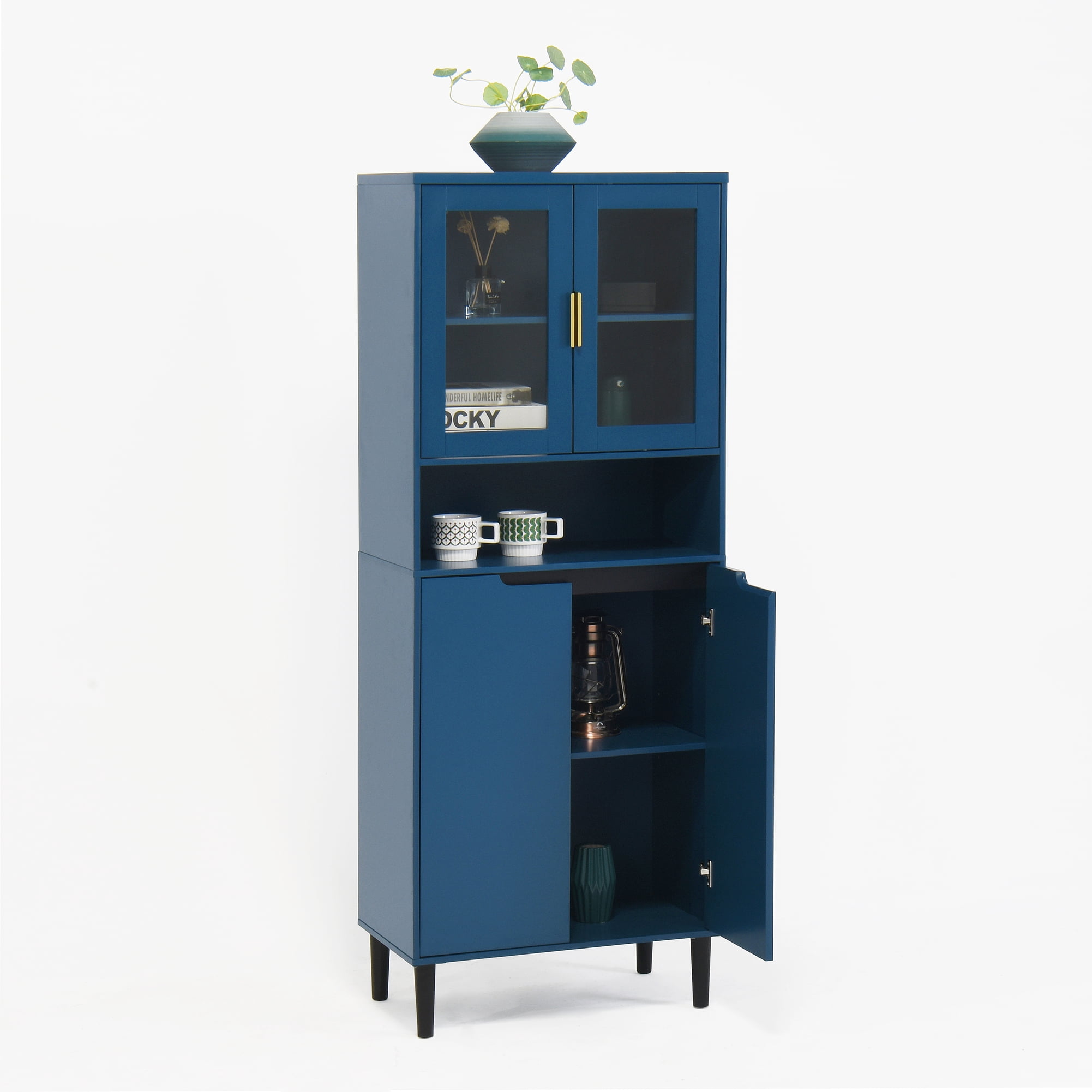 Noble House Tall Storage Bookcase Cabinet with Tempered Glass Doors and Adjustable Shelf, Navy Blue