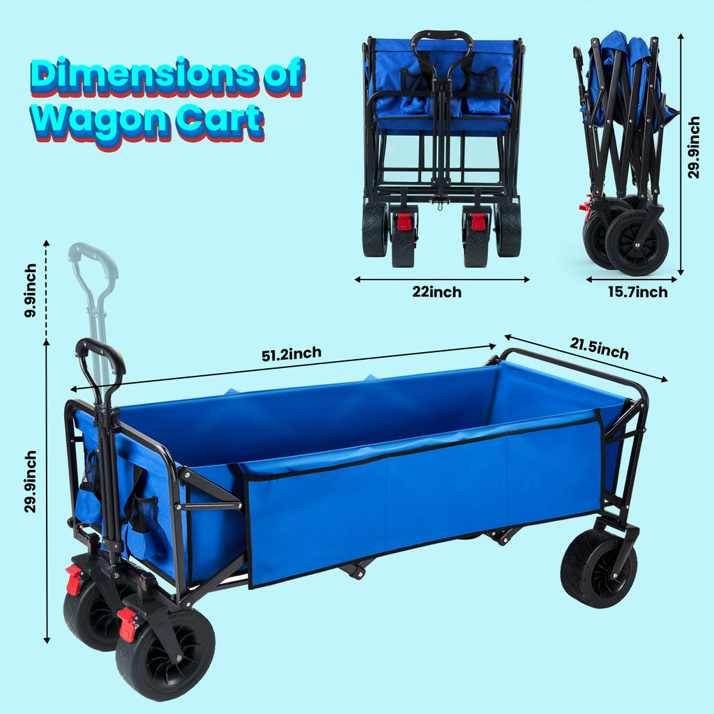 Extra Large Collapsible Garden Cart, Vecukty Folding Camp Wagon Utility Carts with Fat Wheels and Side Storage, for Garden, Camping, Grocery, Shopping, Blue - image 5 of 7